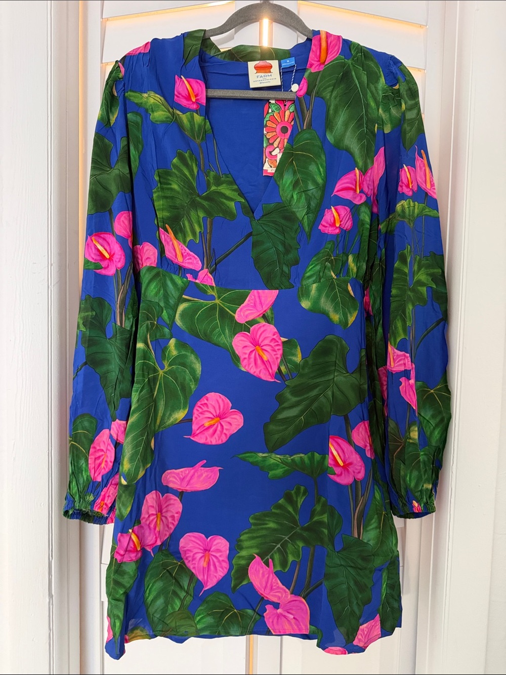 FARM Rio Blue Long-Sleeve Mini Dress with Pink Floral Print viscose fabric